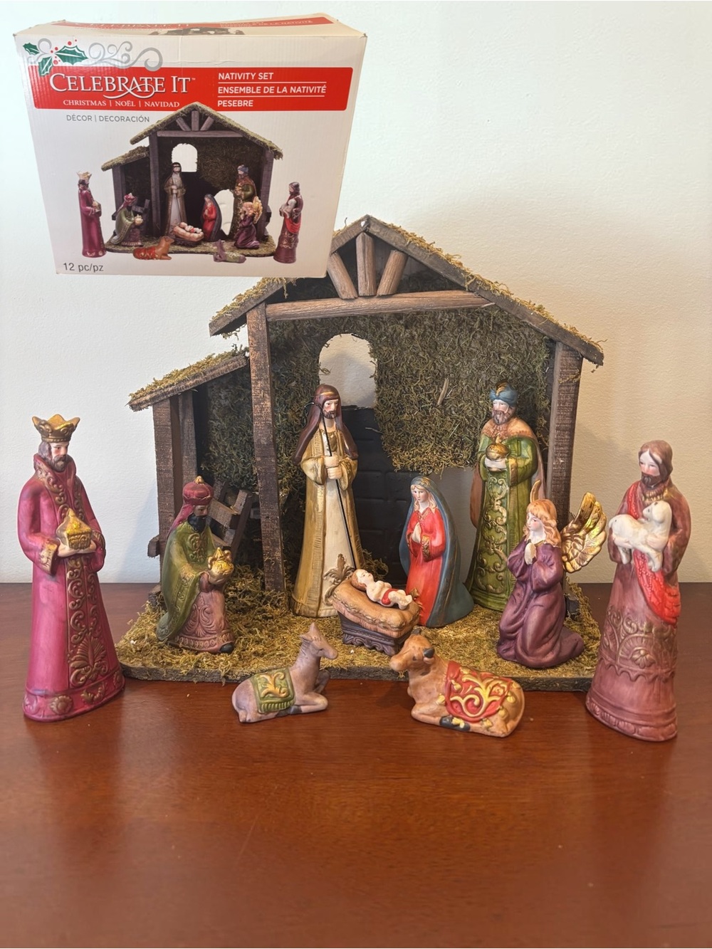 Celebrate It 12 Piece Christmas Resin Nativity Set with Wooden Stable